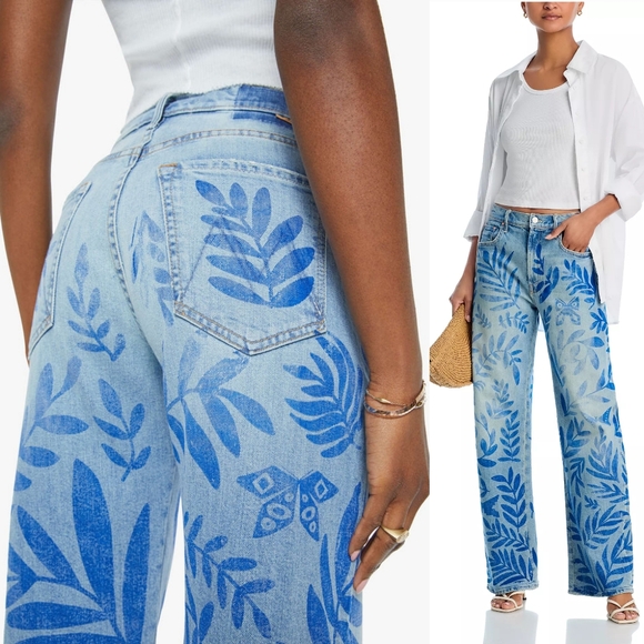 NWT Mother Denim The Lasso Sneak Jeans Pressed Leaves 29 Blue Painted Denim Jean - Picture 6 of 16
